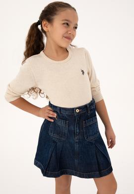 Kız Çocuk Krem Melanj Bisiklet Yaka Basic Kazak - 50316808042