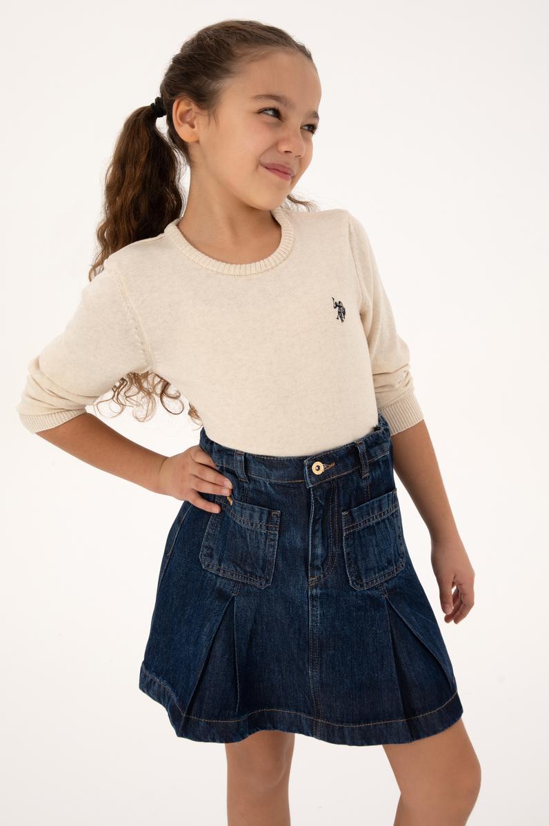 Kız Çocuk Krem Melanj Bisiklet Yaka Basic Kazak