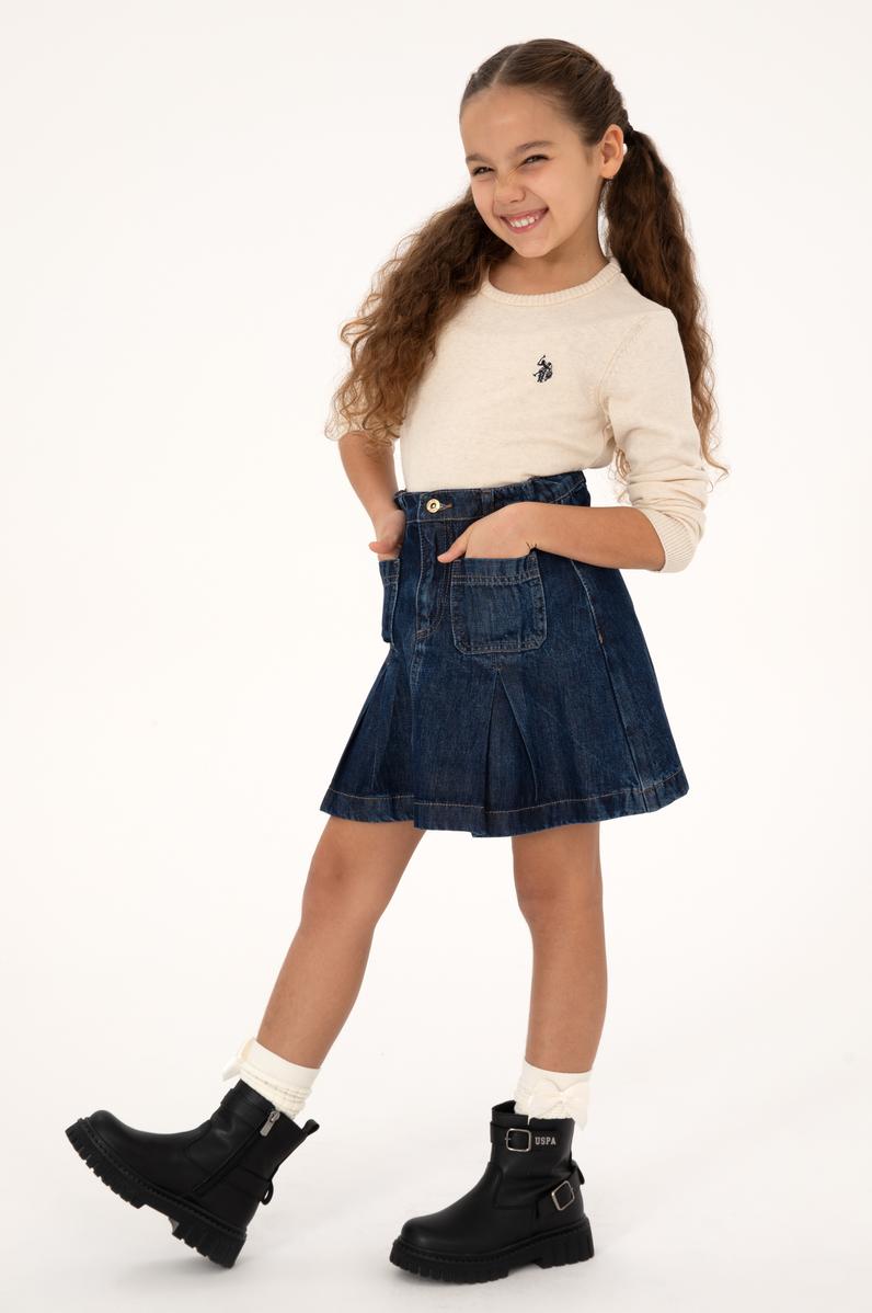 Kız Çocuk Krem Melanj Bisiklet Yaka Basic Kazak