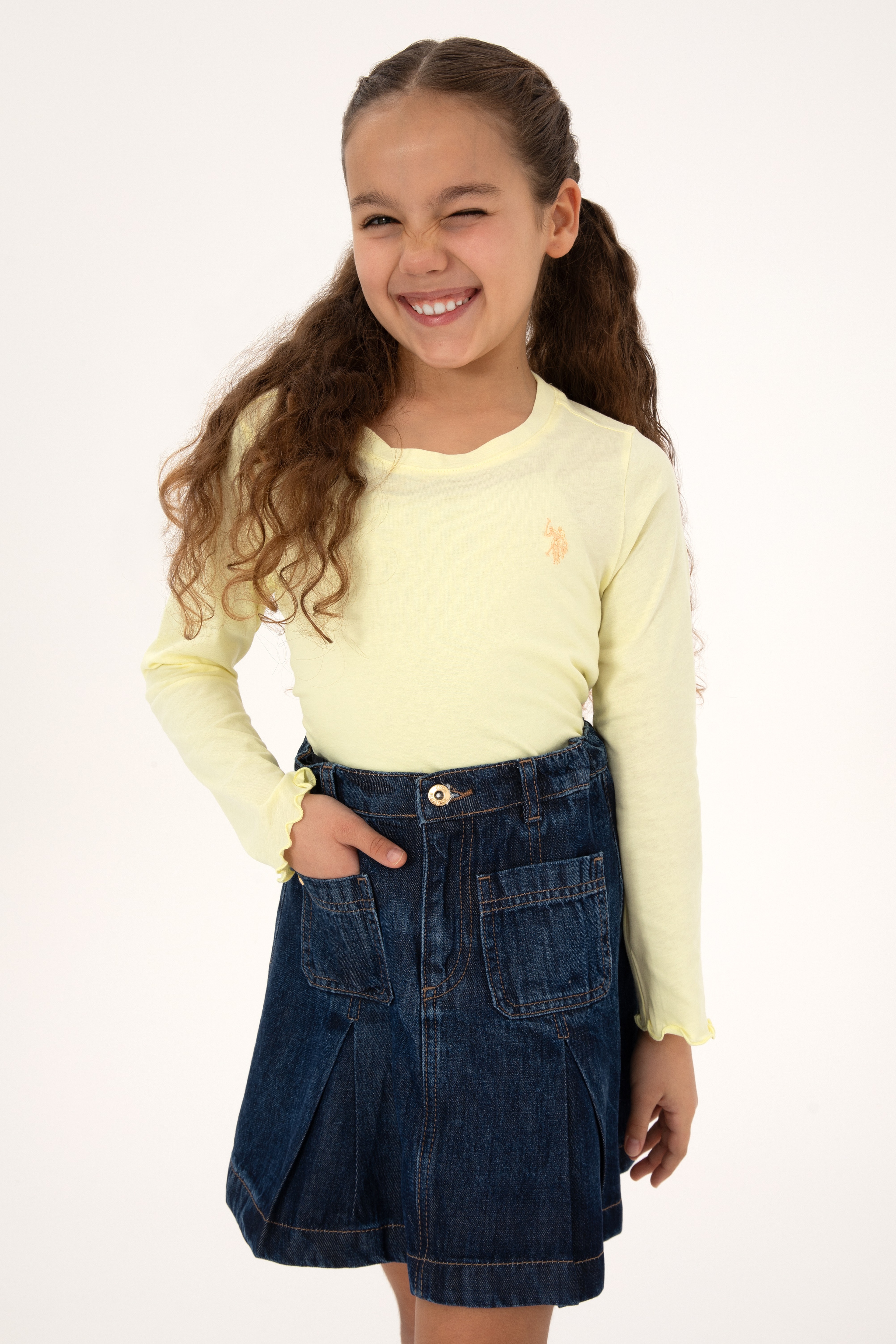 Kız Çocuk Sarı Bisiklet Yaka Basic Sweatshirt