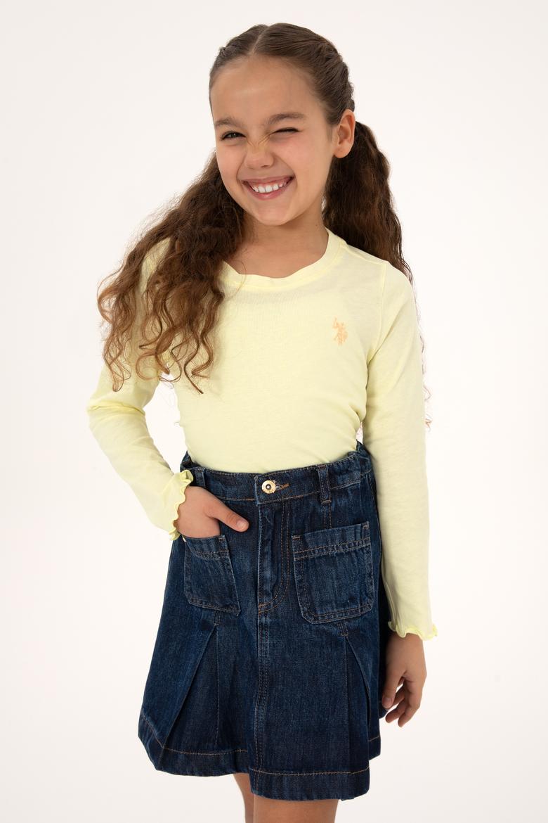 Kız Çocuk Sarı Bisiklet Yaka Basic Sweatshirt