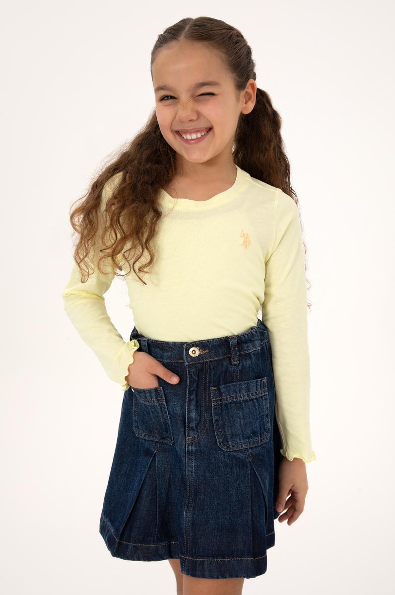 Kız Çocuk Sarı Bisiklet Yaka Basic Sweatshirt