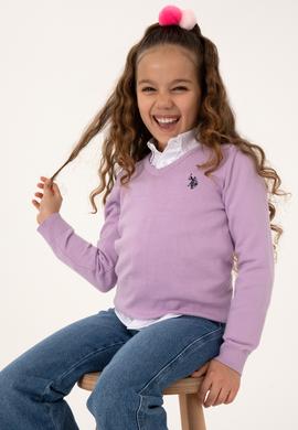 Kız Çocuk Lila V Yaka Basic Kazak - 50316777031