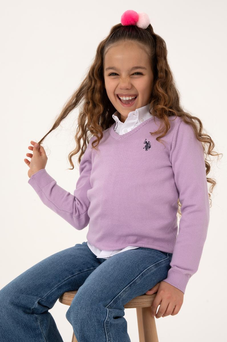 Kız Çocuk Lila V Yaka Basic Kazak