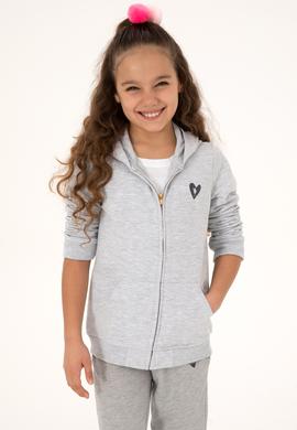 Kız Çocuk Açık Gri Melanj Kapüşonlu Fermuarlı Sweatshirt - 50316873011