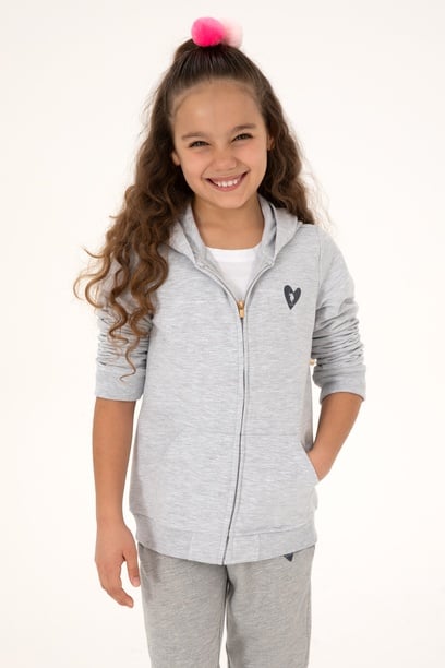 Kız Çocuk Açık Gri Melanj Kapüşonlu Fermuarlı Sweatshirt