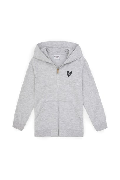 Kız Çocuk Açık Gri Melanj Kapüşonlu Fermuarlı Sweatshirt