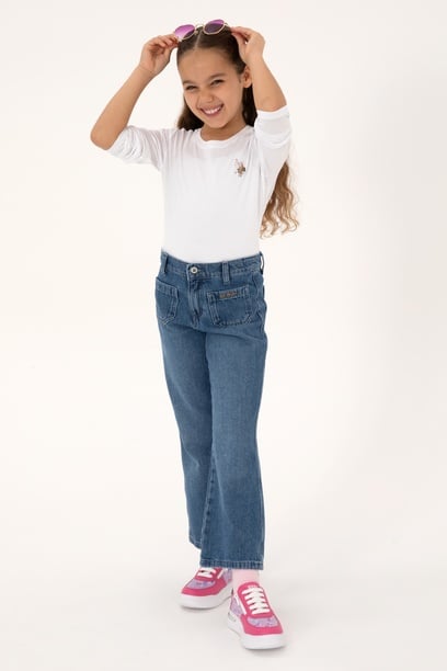 Kız Çocuk Beyaz Bisiklet Yaka Basic Sweatshirt