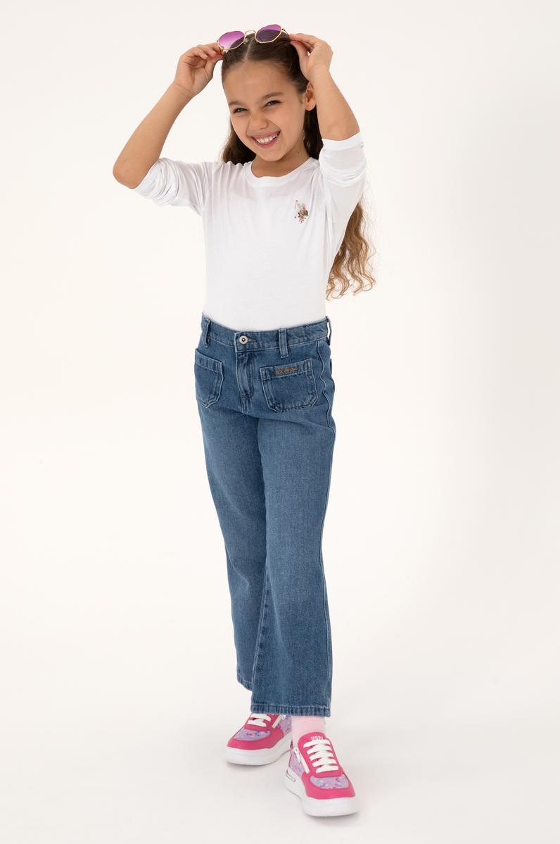 Kız Çocuk Beyaz Bisiklet Yaka Basic Sweatshirt