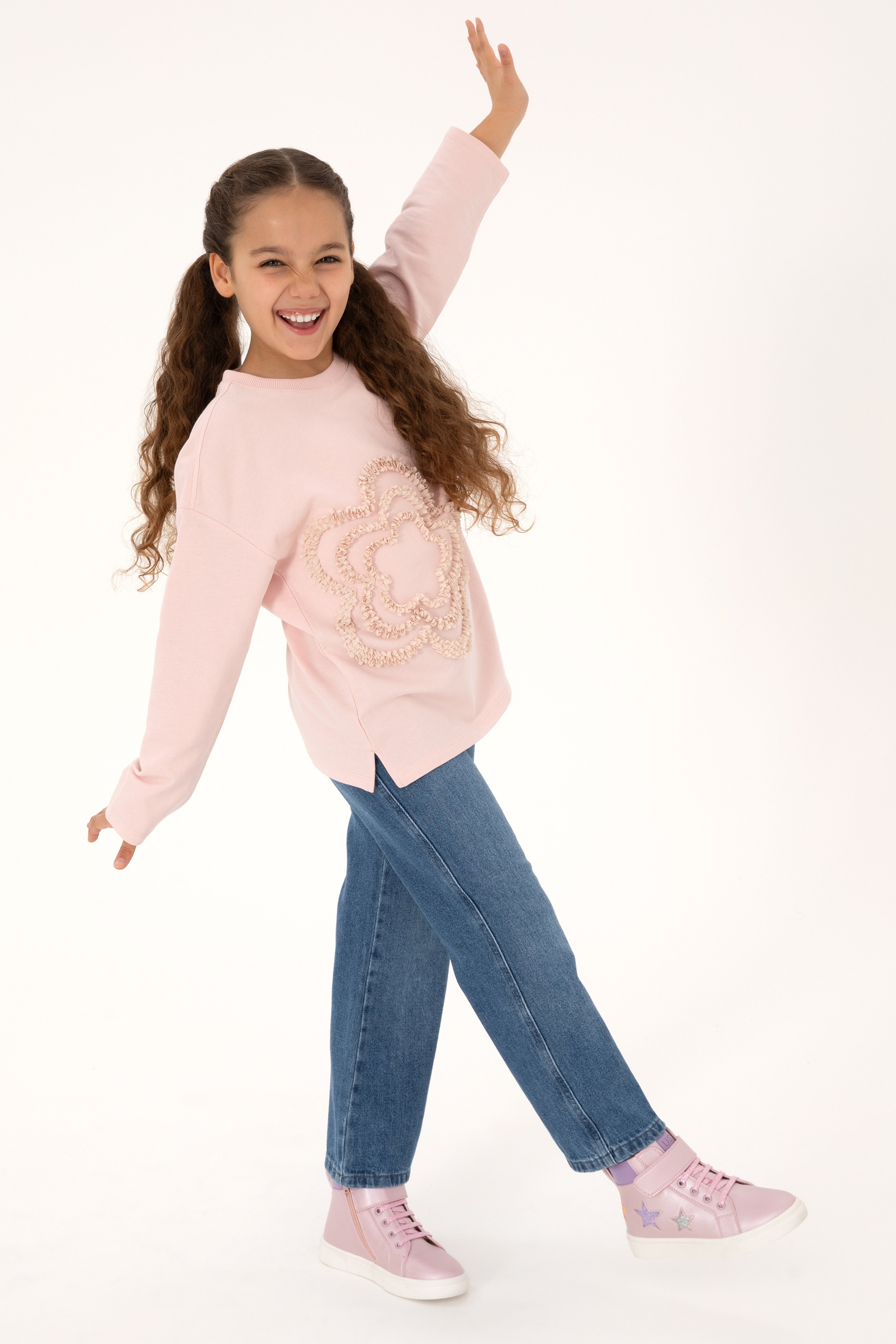 Kız Çocuk Pudra Bisiklet Yaka Sweatshirt - Image 2