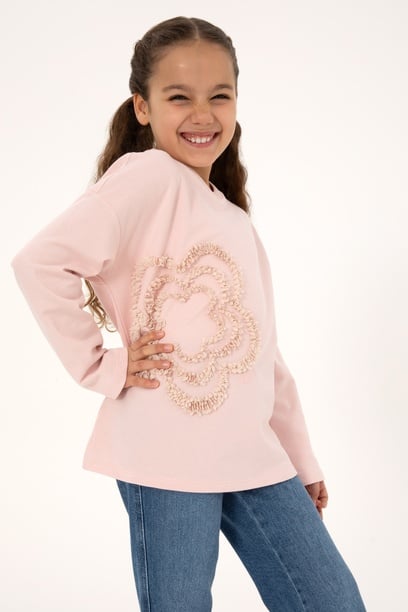 Kız Çocuk Pudra Bisiklet Yaka Sweatshirt