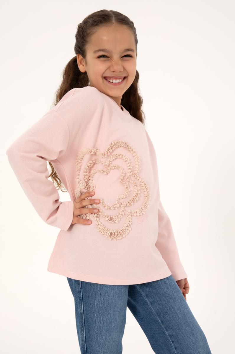 Kız Çocuk Pudra Bisiklet Yaka Sweatshirt