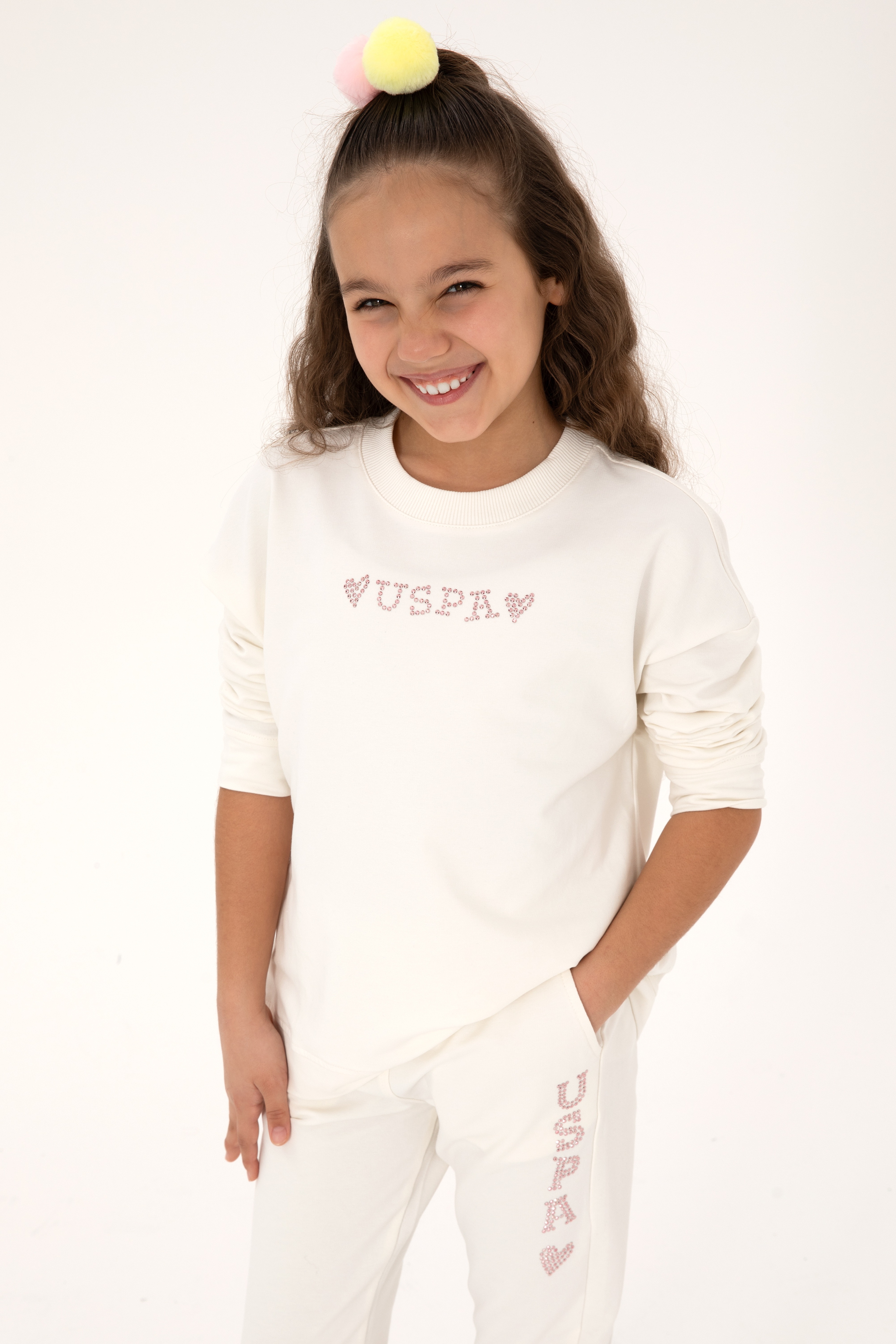 Kız Çocuk Krem Bisiklet Yaka Sweatshirt - Image 1