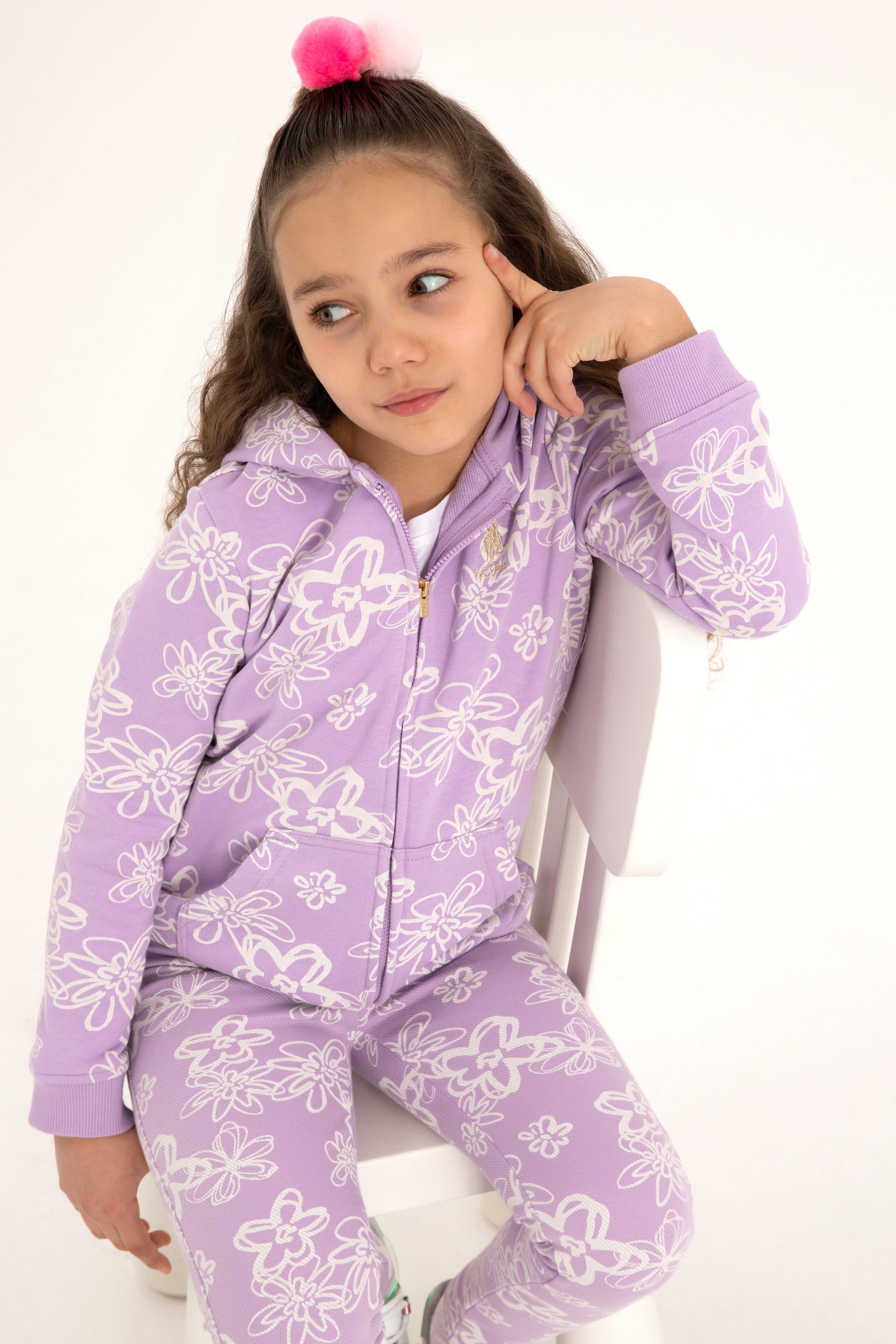 Kız Çocuk Lila Kapüşonlu Fermuarlı Çiçekli Sweatshirt - Image 1