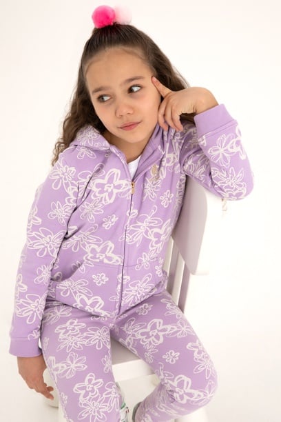 Kız Çocuk Lila Kapüşonlu Fermuarlı Çiçekli Sweatshirt