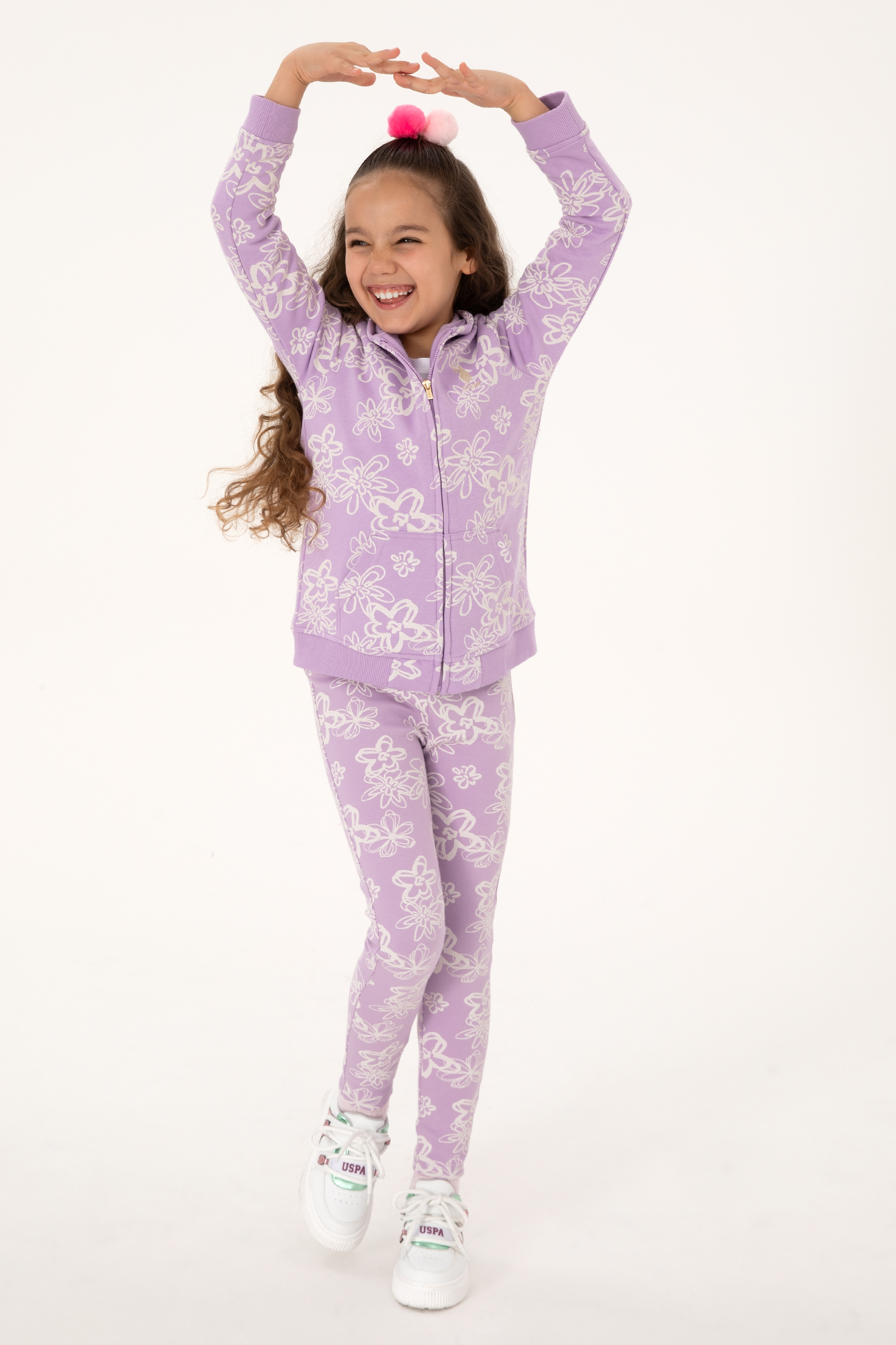 Kız Çocuk Lila Kapüşonlu Fermuarlı Çiçekli Sweatshirt - Image 2