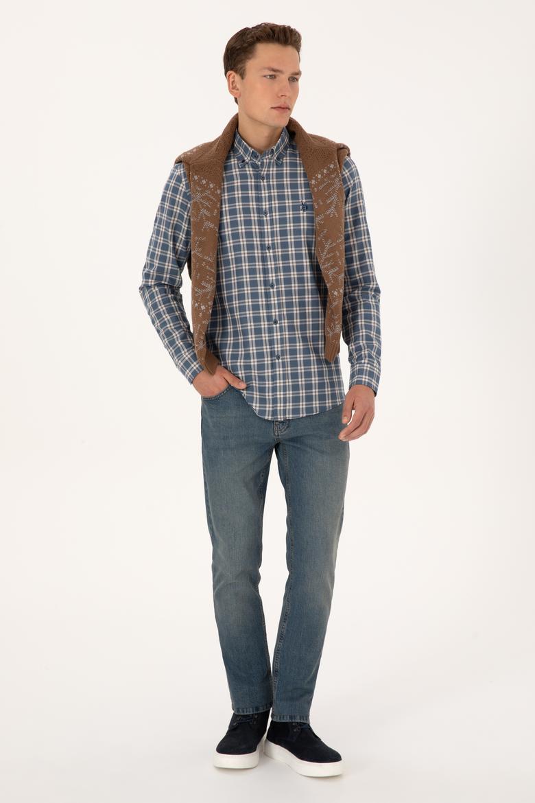 Erkek Açık Lacivert Uzun Kollu Ekoseli Gömlek - 50308578025