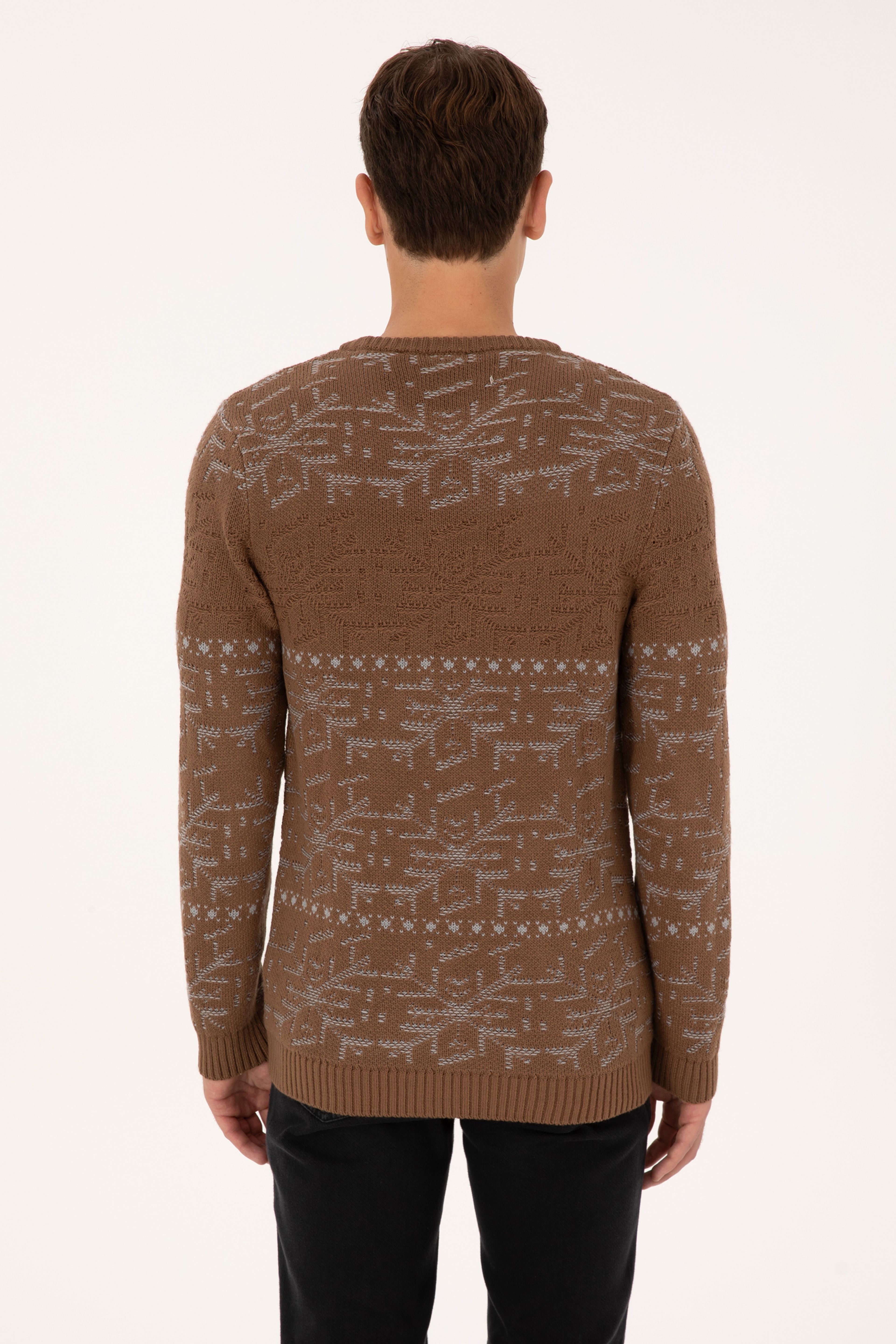 Erkek Comfort Fit Bisiklet Yaka Kahverengi Kazak - Image 5