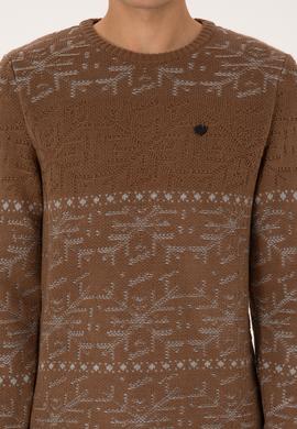 Erkek Comfort Fit Bisiklet Yaka Kahverengi Kazak - 50308237010