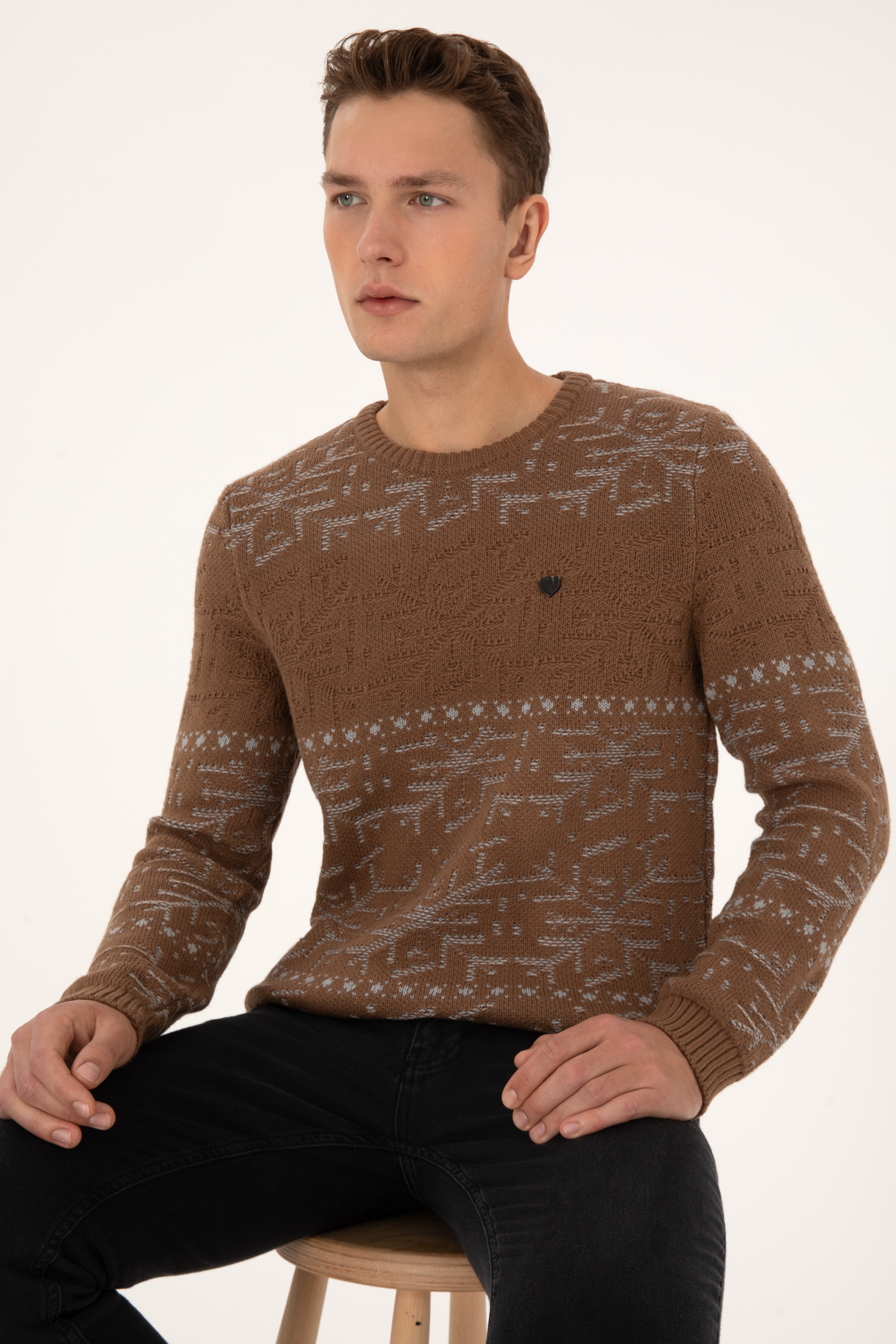 Erkek Comfort Fit Bisiklet Yaka Kahverengi Kazak - Image 3