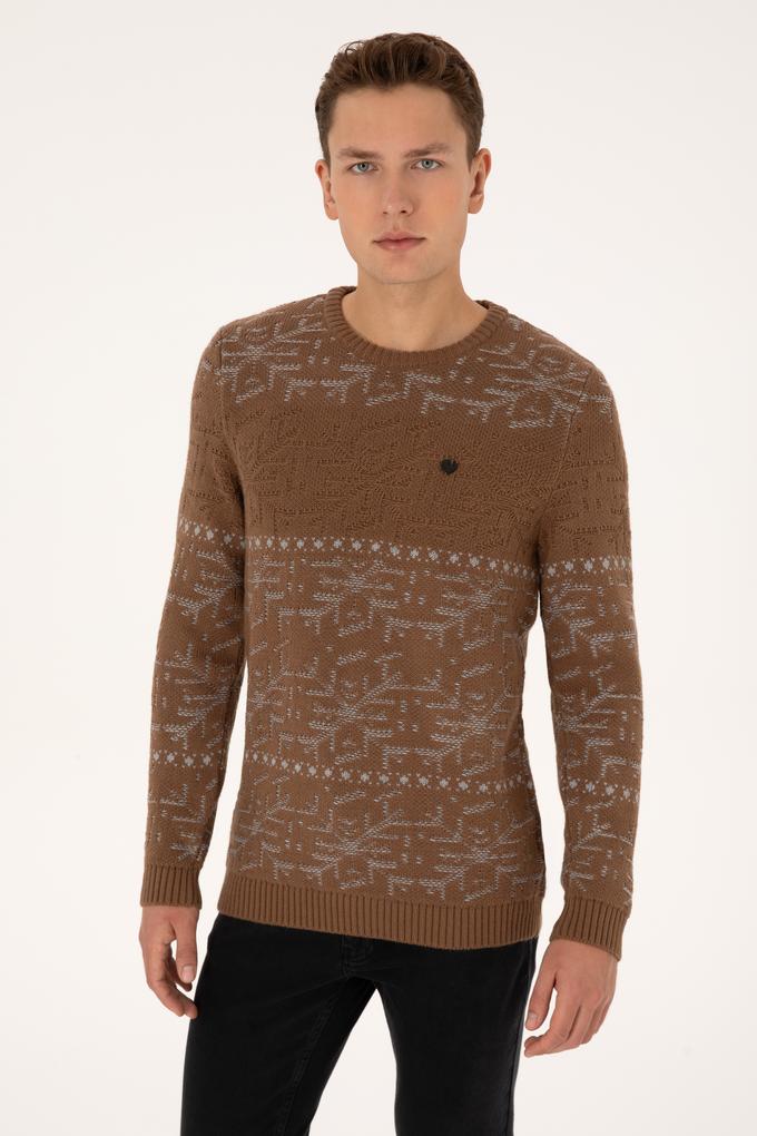 Erkek Comfort Fit Bisiklet Yaka Kahverengi Kazak