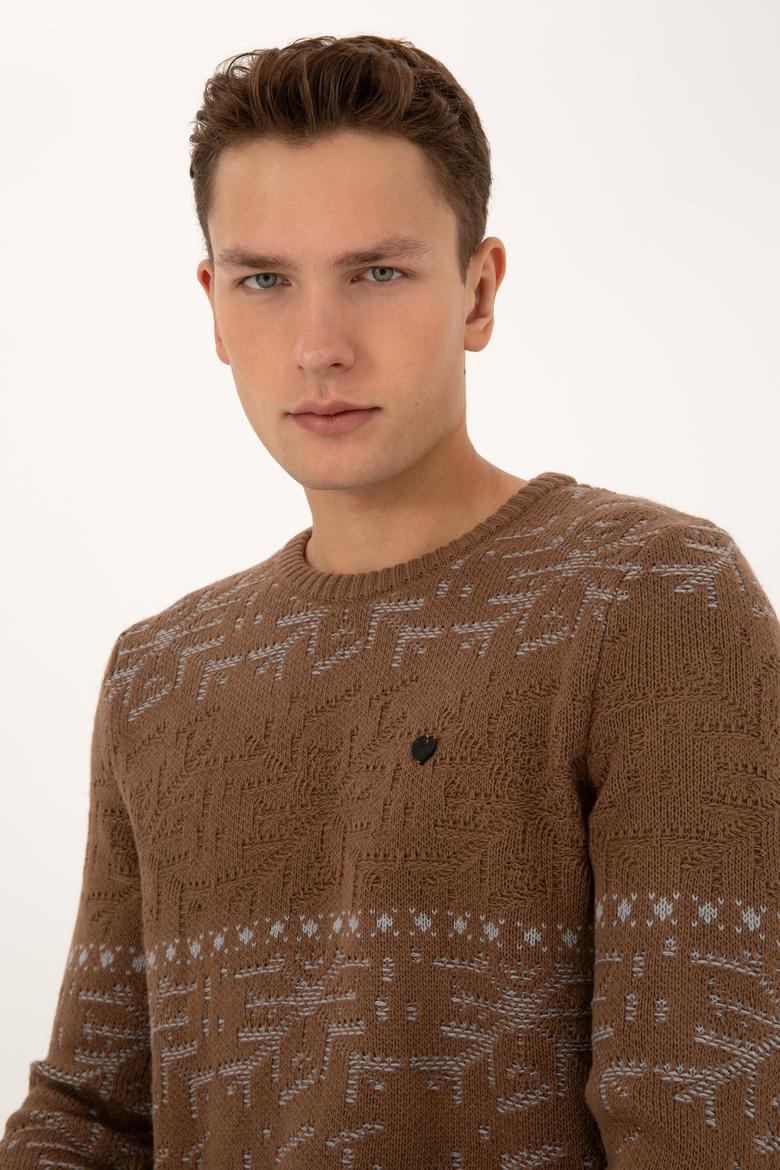 Erkek Comfort Fit Bisiklet Yaka Kahverengi Kazak - 50308237010