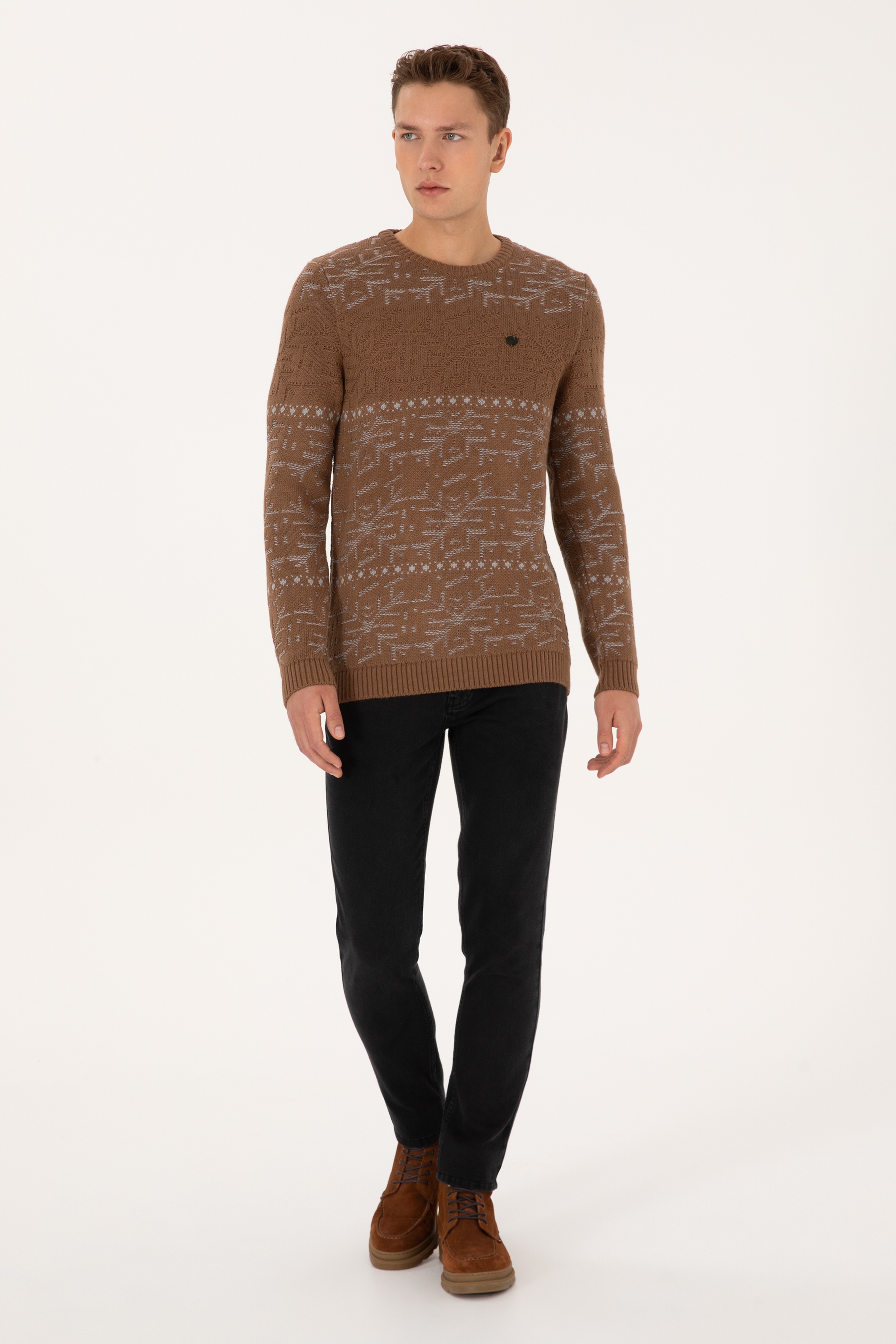 Erkek Comfort Fit Bisiklet Yaka Kahverengi Kazak - Image 4