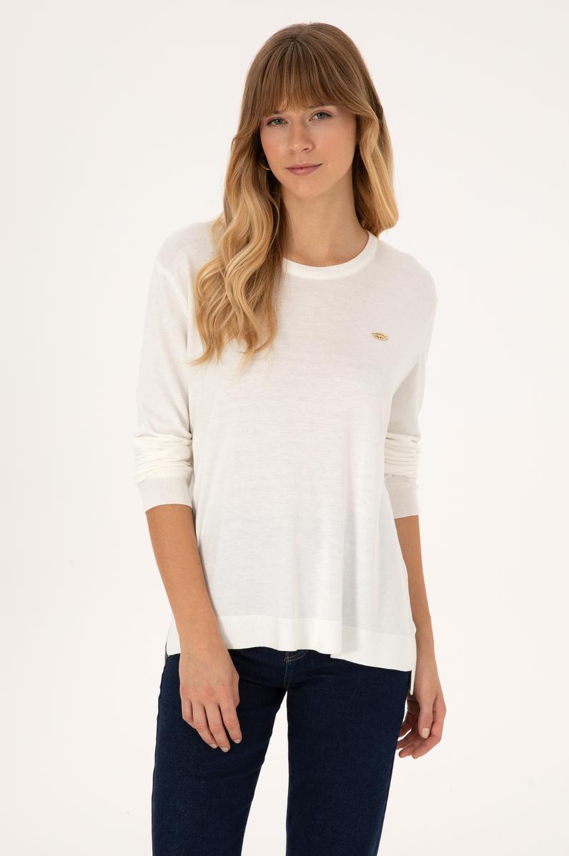 Kadın Ekru Bisiklet Yaka Basic Kazak