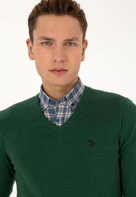 Erkek Slim Fit V Yaka Koyu Yeşil Basic Triko Kazak - 50313662046