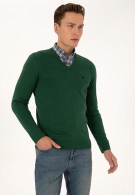 Erkek Slim Fit V Yaka Koyu Yeşil Basic Triko Kazak - 50313662046