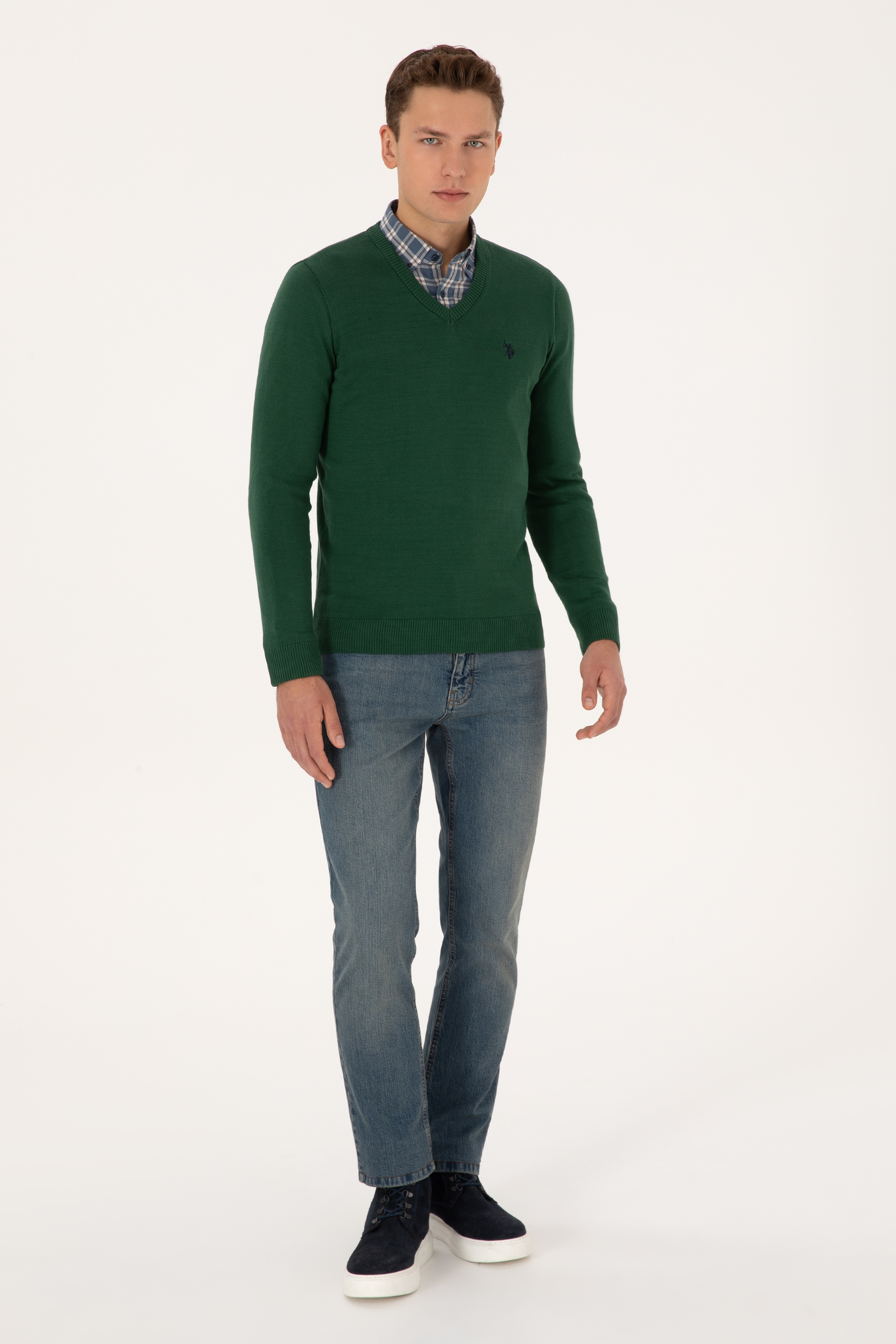 Erkek Slim Fit V Yaka Koyu Yeşil Basic Triko Kazak - Image 4