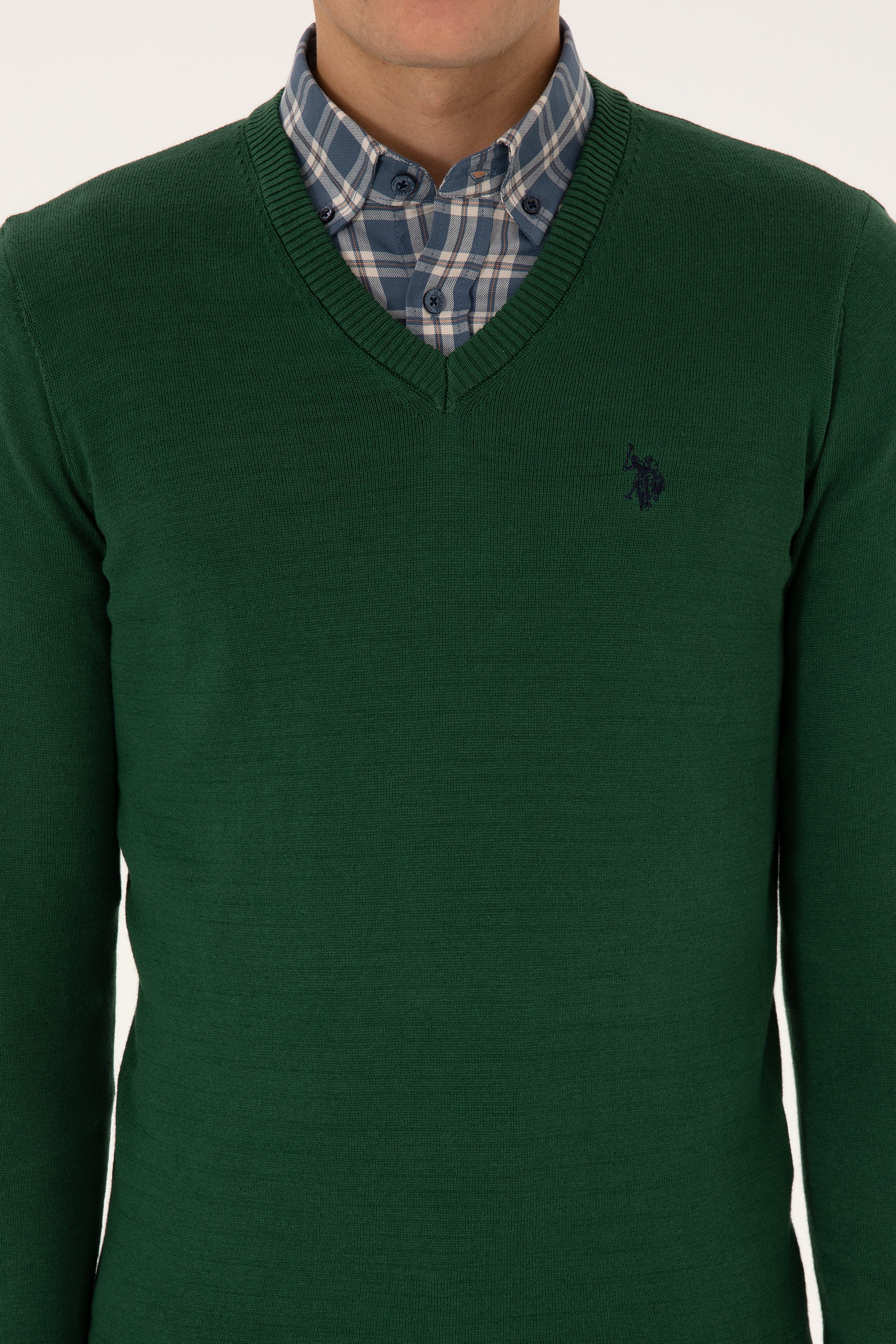Erkek Slim Fit V Yaka Koyu Yeşil Basic Triko Kazak