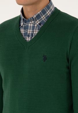 Erkek Slim Fit V Yaka Koyu Yeşil Basic Triko Kazak - 50313662046