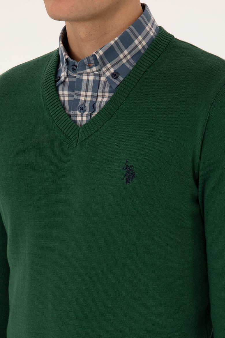 Erkek Slim Fit V Yaka Koyu Yeşil Basic Triko Kazak - 50313662046