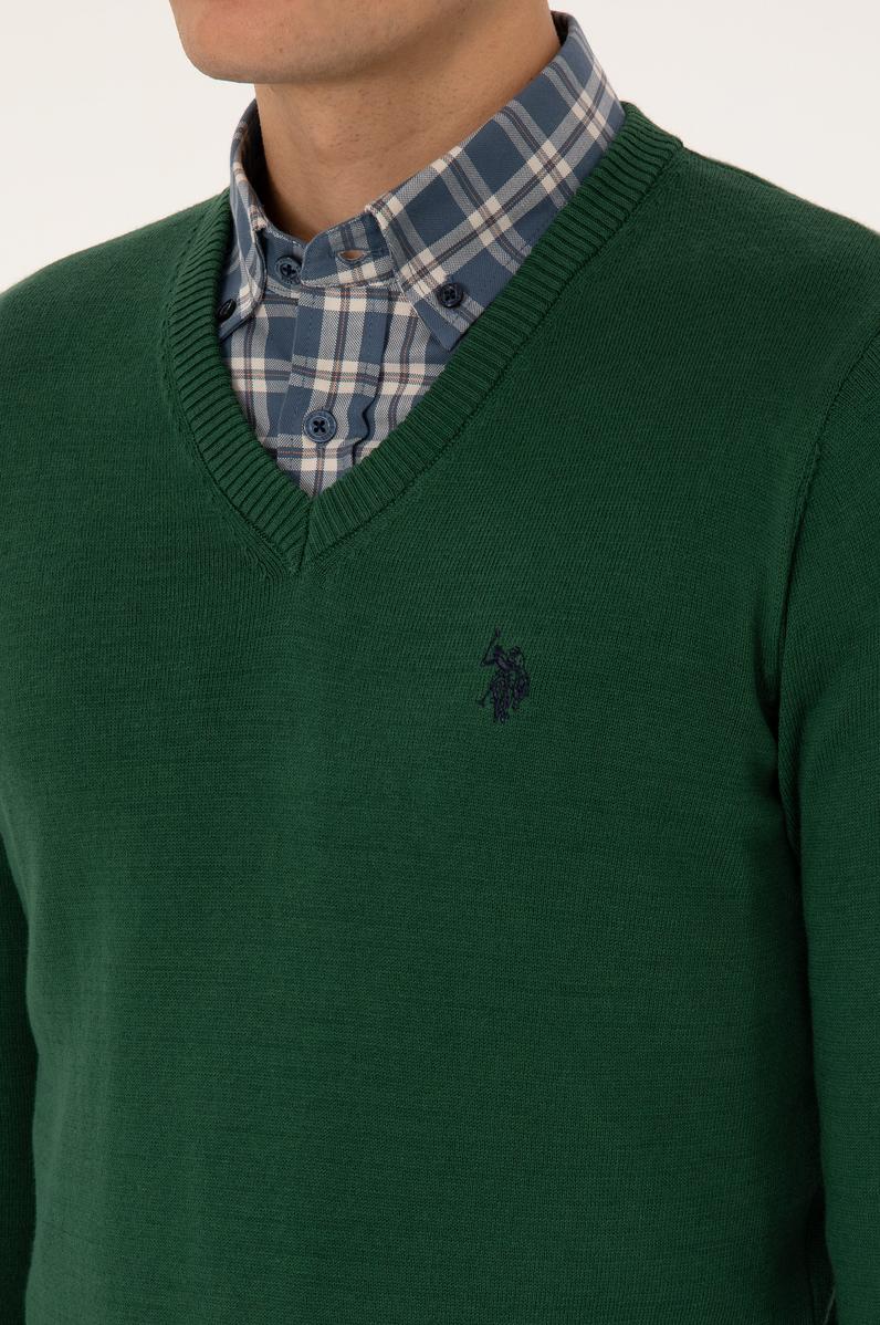 Erkek Slim Fit V Yaka Koyu Yeşil Basic Triko Kazak