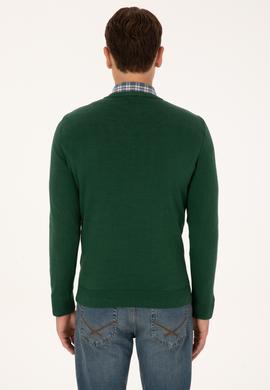 Erkek Slim Fit V Yaka Koyu Yeşil Basic Triko Kazak - 50313662046