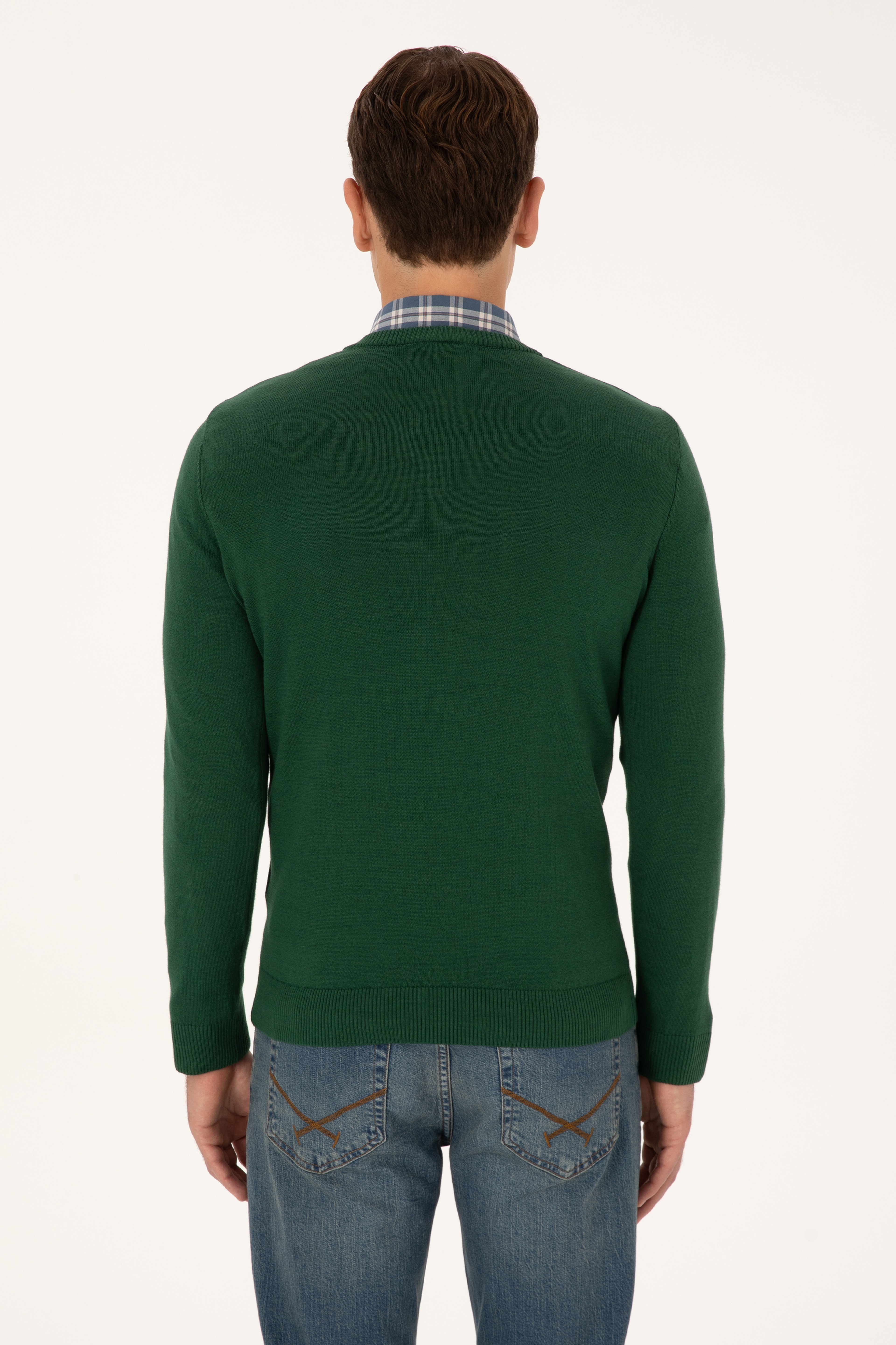 Erkek Slim Fit V Yaka Koyu Yeşil Basic Triko Kazak