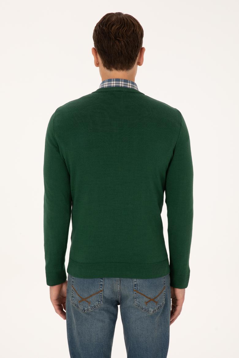 Erkek Slim Fit V Yaka Koyu Yeşil Basic Triko Kazak - 50313662046