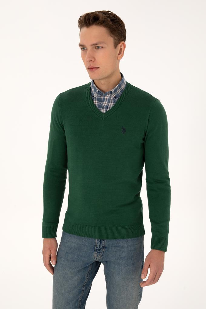 Erkek Slim Fit V Yaka Koyu Yeşil Basic Triko Kazak