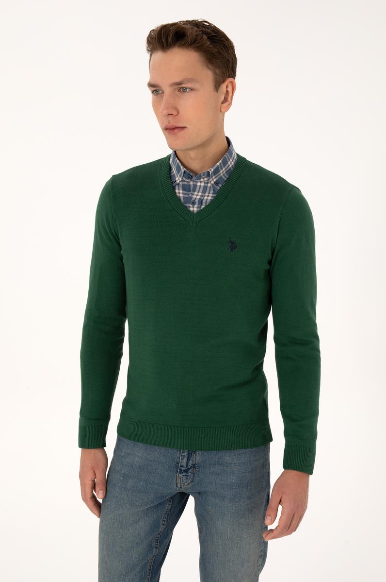 Erkek Slim Fit V Yaka Koyu Yeşil Basic Triko Kazak