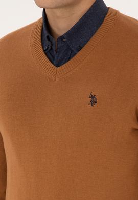 Erkek Slim Fit V Yaka Camel Basic Triko Kazak - 50313662086