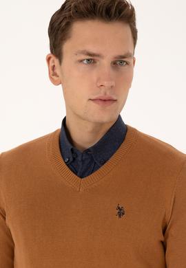 Erkek Slim Fit V Yaka Camel Basic Triko Kazak - 50313662086