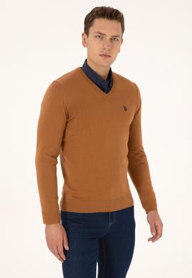 Erkek Slim Fit V Yaka Camel Basic Triko Kazak - 50313662086