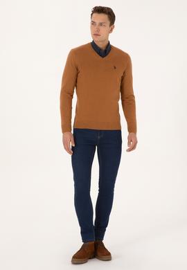 Erkek Slim Fit V Yaka Camel Basic Triko Kazak - 50313662086