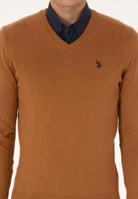 Erkek Slim Fit V Yaka Camel Basic Triko Kazak - 50313662086