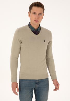 Erkek Slim Fit V Yaka Haki Melanj Basic Triko Kazak - 50313662177