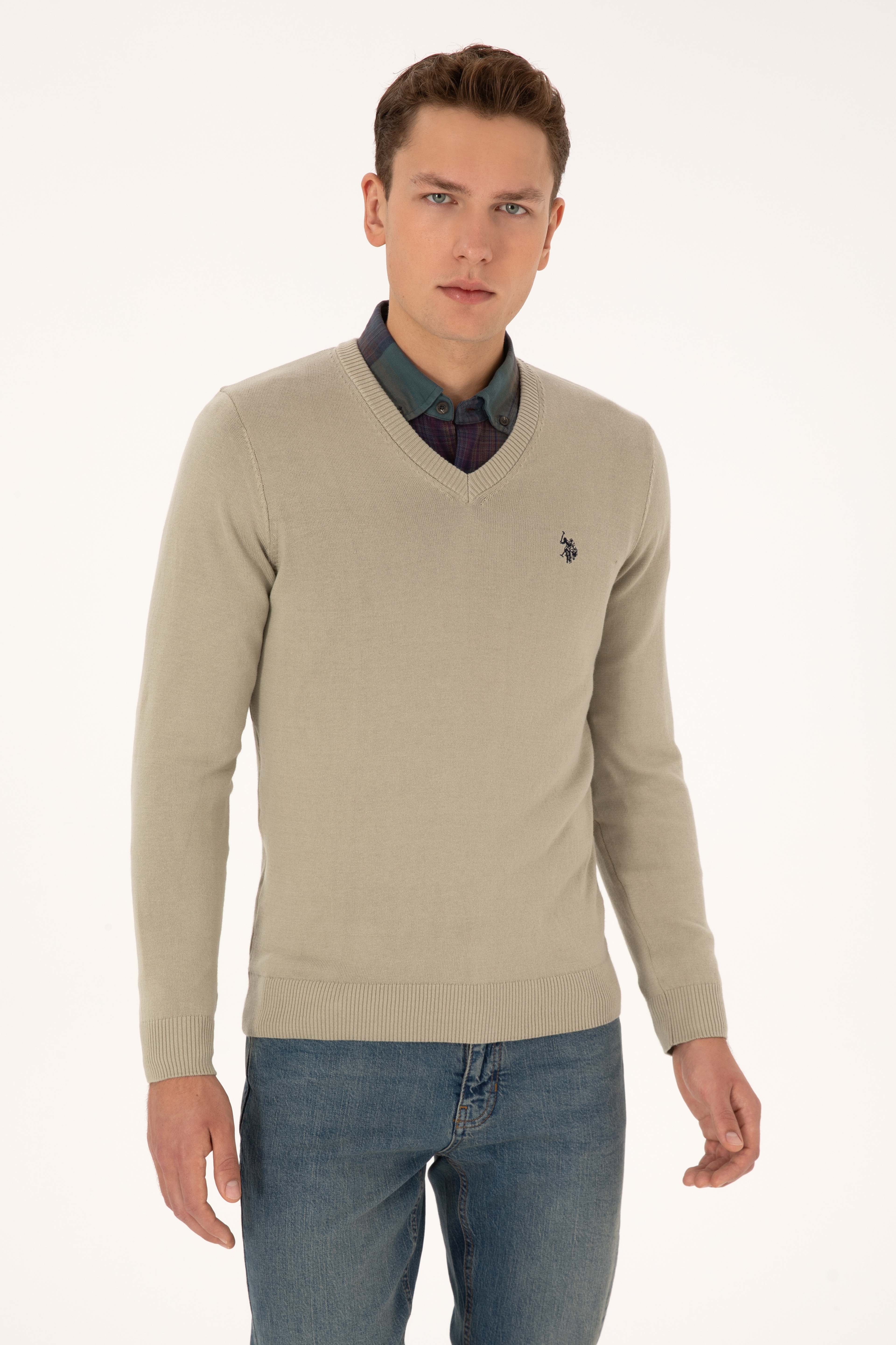 Erkek Slim Fit V Yaka Haki Melanj Basic Triko Kazak - Image 1