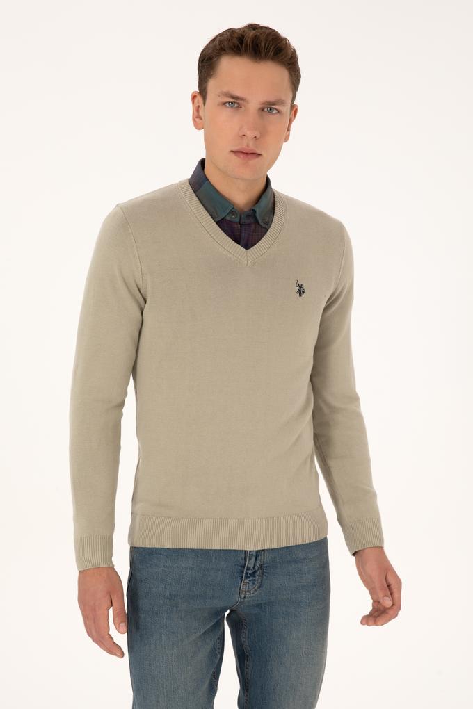 Erkek Slim Fit V Yaka Haki Melanj Basic Triko Kazak