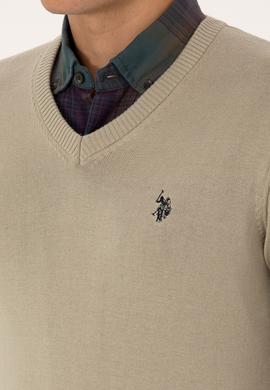 Erkek Slim Fit V Yaka Haki Melanj Basic Triko Kazak - 50313662177