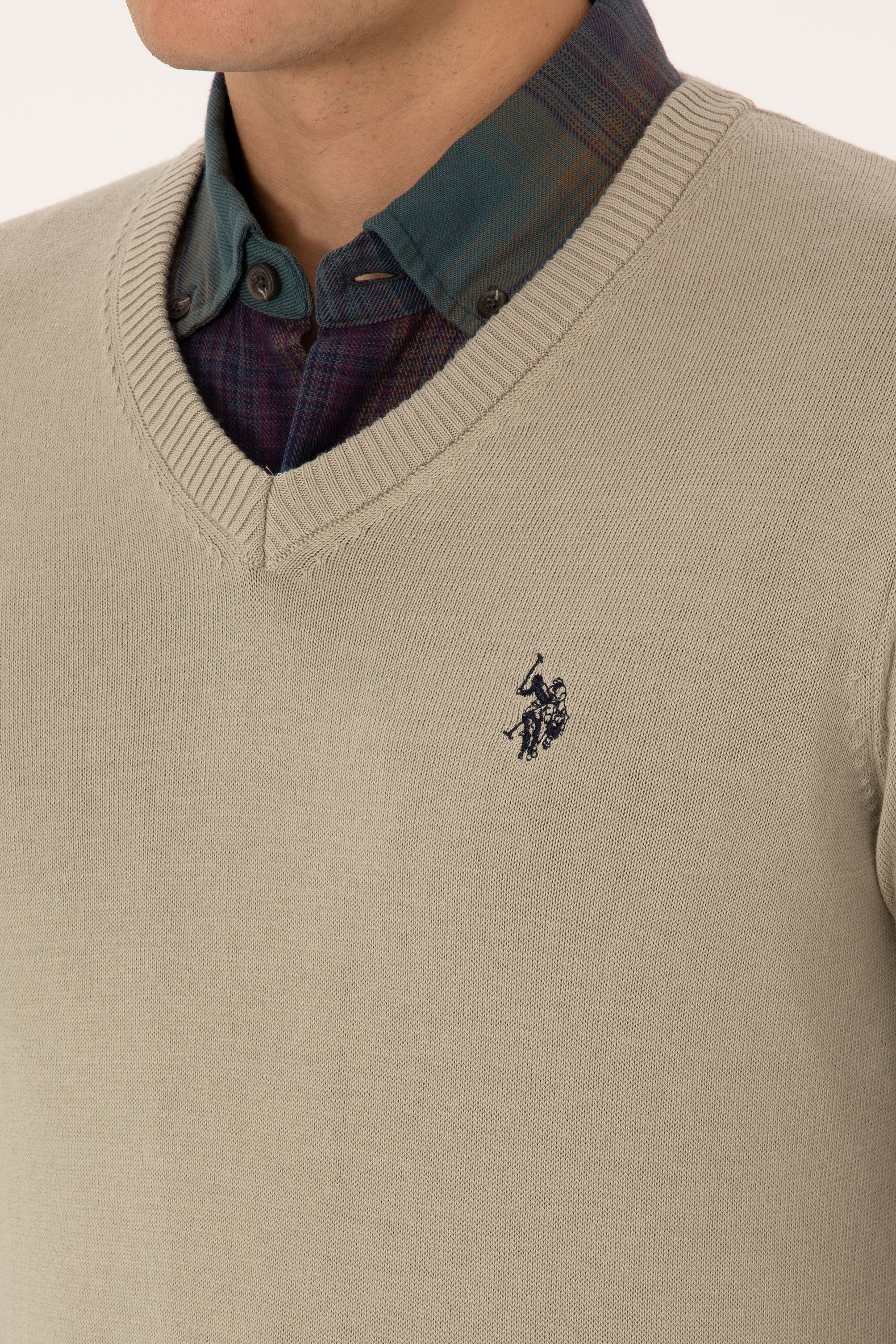 Erkek Slim Fit V Yaka Haki Melanj Basic Triko Kazak